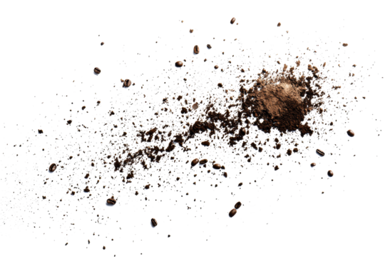 Ground coffee particles unevenly dispersed on a pure white surface, perfect for PNG transparency.