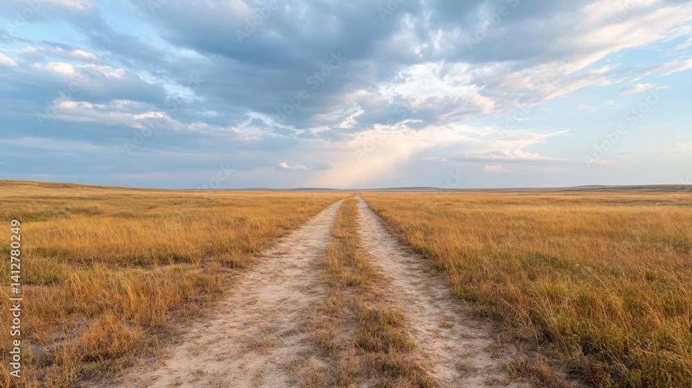 Aufkleber landscape featuring a dusty path stretching through a dry, grassy field under a cloudy sky, distant 