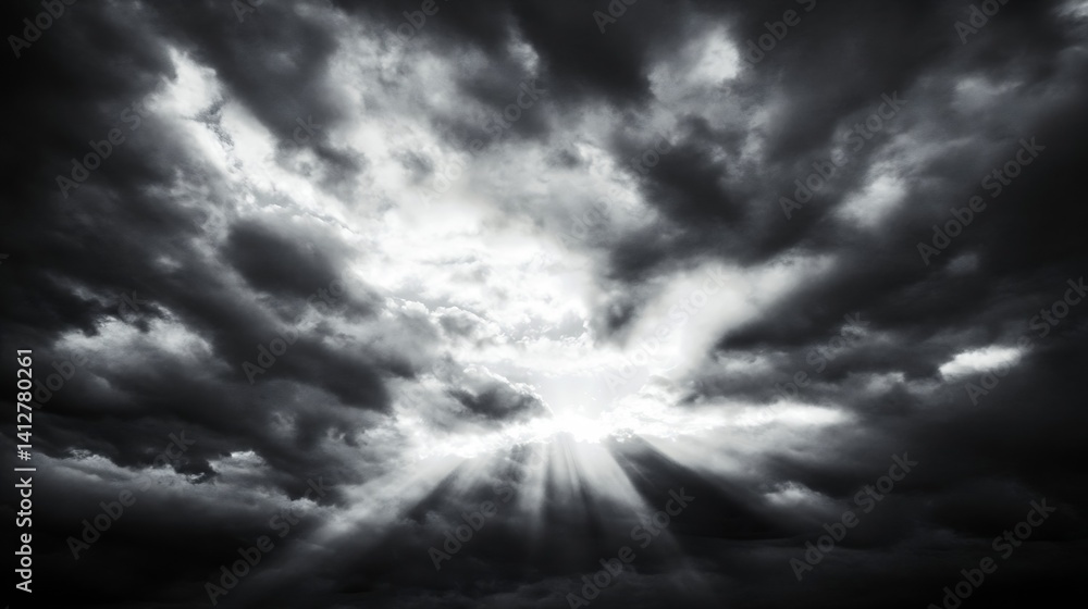 Aufkleber dramatic black and white cloudy sky illuminated by rays of sun : generative ai