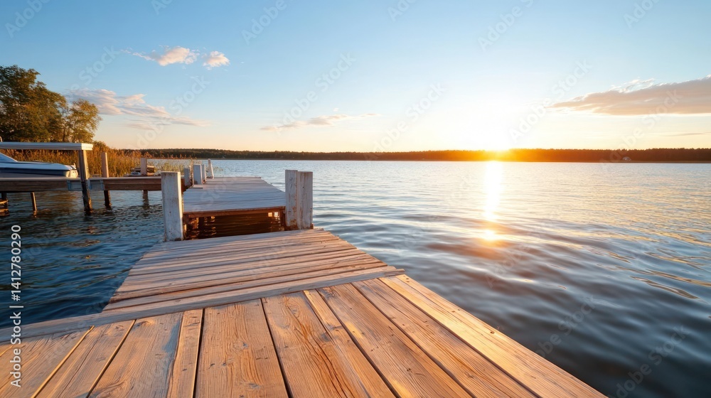 Poster Scenic view of a weathered wooden pier extending into a serene lake at sunset, illuminated by the golden light, with a backdrop of distant trees and a partly cloudy sky. The tranquil scene evokes a