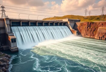Hydroelectric dam generating clean energy Water flows from reservoir, powering high voltage lines, turbine, sustainable energy