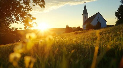 Beautiful Sunrise Over Church in Tranquil Landscape with Green Grass and Trees : Generative AI