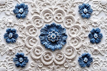 A stunning decorative wall relief featuring intricate blue flowers surrounded by delicate white patterns, perfect for showcasing elegance and artistry.