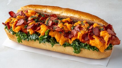 A white napkin is used to hold a fresh sandwich consisting of lettuce, cheese, and tomato