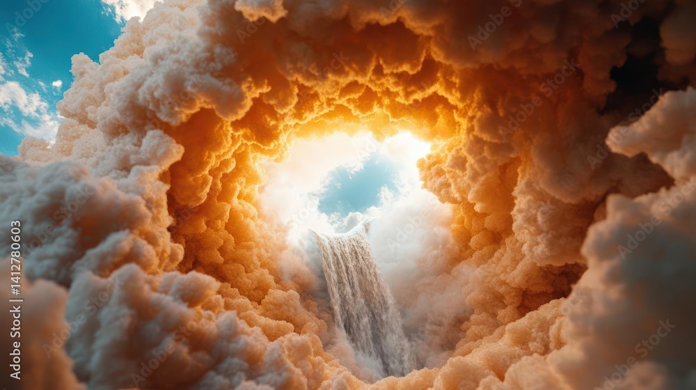 Aufkleber A mesmerizing view from within an orange cloud formation, framing a waterfall cascading down into a bright light with blue sky. The soft, warm tones of the clouds contrast with the cool blues and