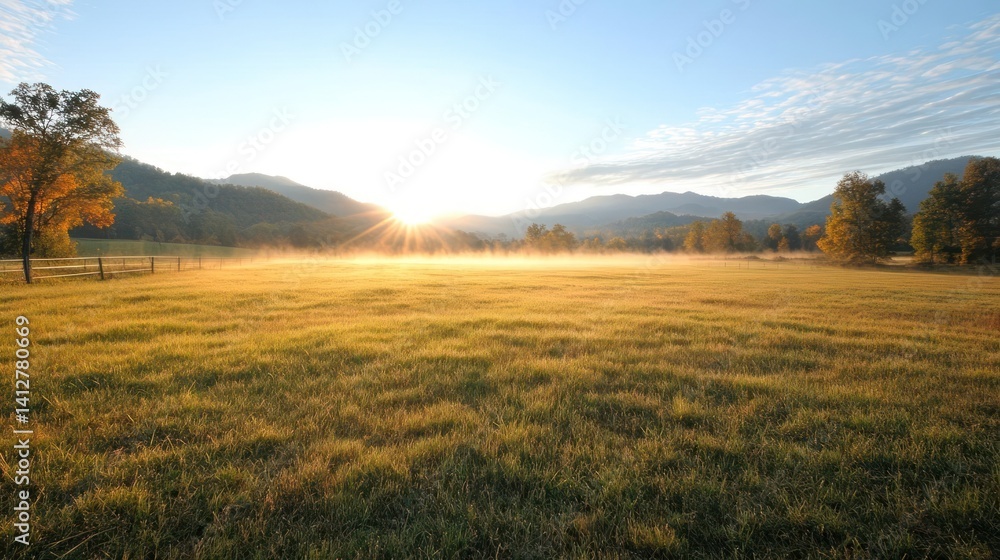 Leinwandbilder Landscape view of grassy field with a layer of mist in early sunlight, surrounded by trees and distant hills under a blue sky. The golden light illuminates the scene, creating a serene and