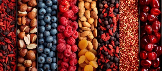 assorted nuts and fruits.