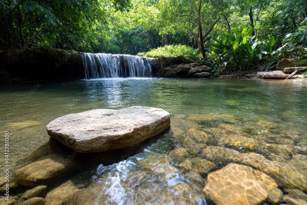 Poster idyllic scenery shows a waterfall cascading into a clear stream with submerged stones in the foregro