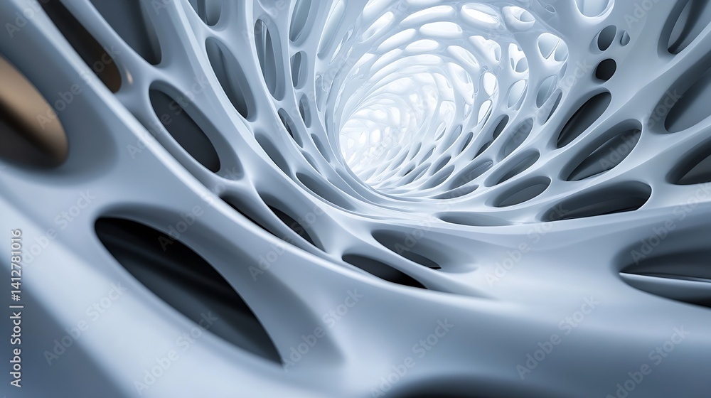 Poster Futuristic Abstract White Tunnel Structure with Intricate Organic Patterns and Light : Generative AI