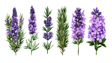 Fototapeta premium Illustration of lavender and rosemary sprigs, digitally created, detailed botanical artwork, potential use in design or print