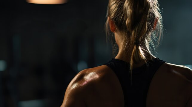 Close - up of a muscular blonde woman in a black tank top, seen from behind against a dark gym background. Her fit figure and the gym setting are prominently shown.