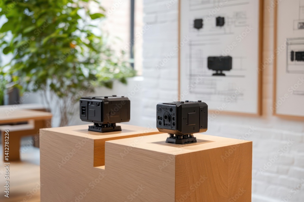 Poster two cubic structures sit on separate pedestals indoors, featuring a brick wall backdrop and diagram 