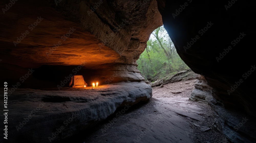 Aufkleber tranquil scene inside a rocky cave, illuminated by candlelight with green trees visible through the 