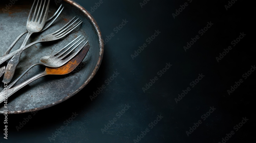 Poster overhead shot features multiple tarnished silver forks resting on a dark, textured metal surface, co