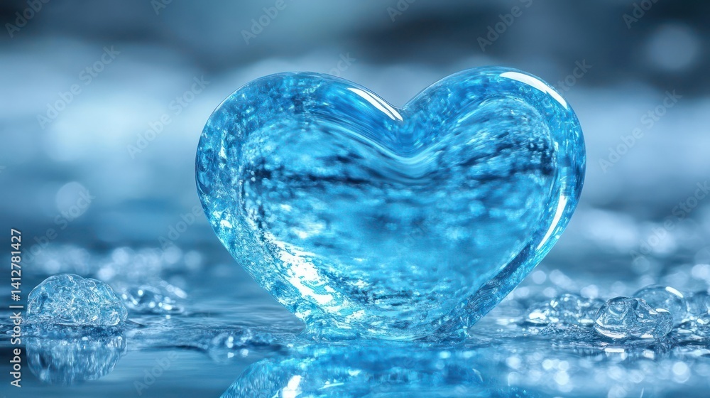 Poster A captivating macro shot features a translucent, ice-blue heart resting on a wet, frosted surface. The composition is bathed in a cool, ethereal light, accentuating the texture of the ice