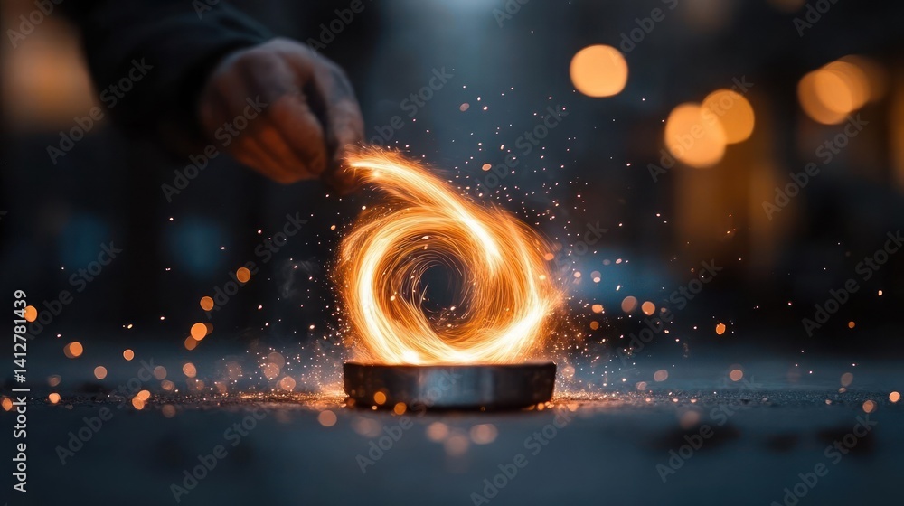 Poster Close-up shot of a hand igniting a swirling vortex of golden sparks above a metallic container, set against a blurred bokeh background. The scene is dimly lit, emphasizing the vibrant orange glow of