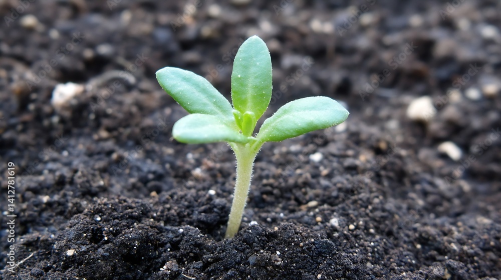 Poster new seedling sprouting from dark soil representing growth and sustainability : generative ai