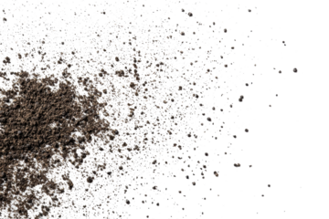 Spilled black pepper powder scattered lightly on a seamless white background, ideal for food styling