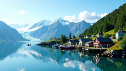 Fototapeta premium Imagery of Homer Alaska in summertime showcasing the charming town, fishing boats, and glaciers along the coastline, picturesque, Homer, coastline