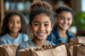 Smiling children holding paper bags, community support