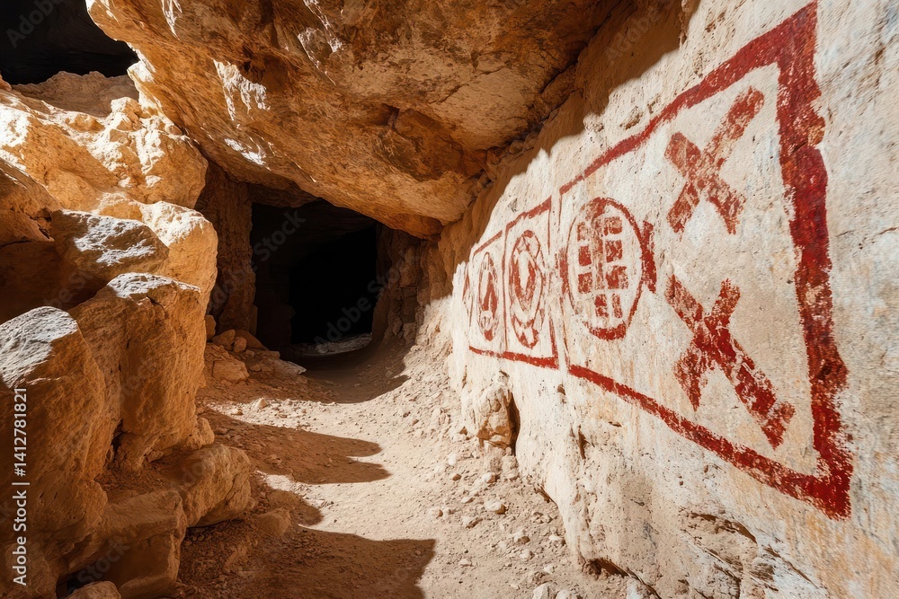 Aufkleber view inside a historical cave showing sandy walls and a painted cross symbol in red paint. the cave 