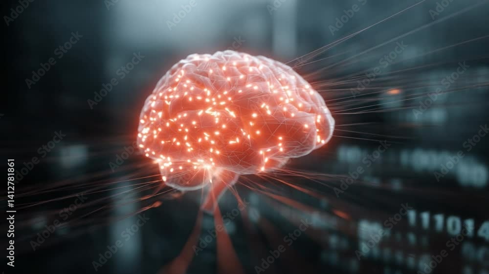Poster neural network: a 3d render of a human brain with glowing red connections and digital data in the ba