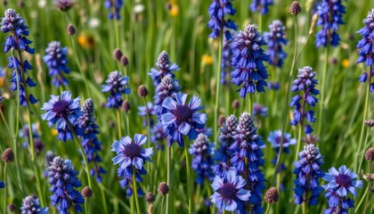 Fototapeta premium Indigo wildflowers, seamlessly repeating, ample negative space, nature, fabric