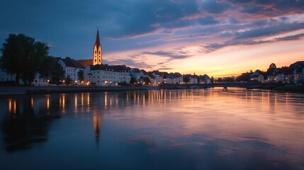 Fototapeta premium Stunning Sunset Over Cityscape with Reflections on Calm River Waters : Generative AI