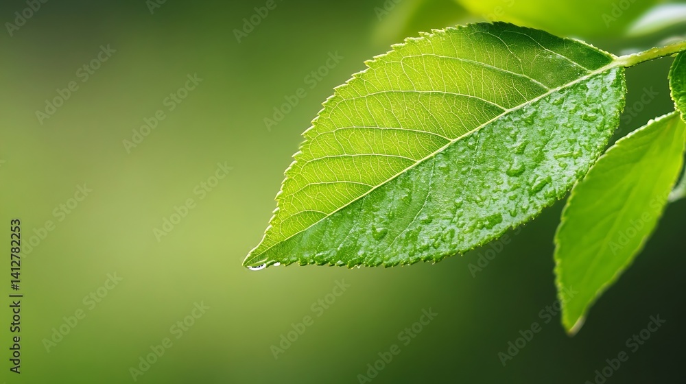 Poster close up of fresh green leaf with water droplets on a blurred green background : generative ai