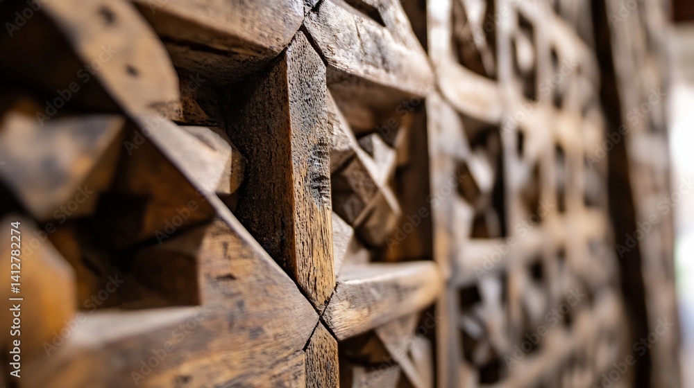 Poster Detailed close up of carved wooden wall art with intricate patterns and textures in neutral tones : Generative AI