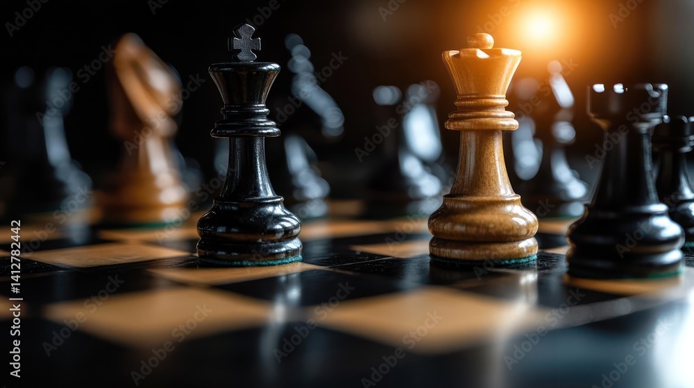 Poster a close-up shot features a chessboard with a black king and white queen as the central figures, with