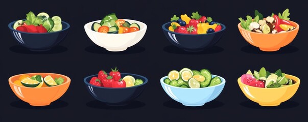 Collection of Colorful Bowls Featuring Fresh Vegetables and Leafy Greens in Pixel Art Style Salad