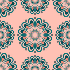 Modern vintage background design, seamless retro floral pattern, blue green on hand drawn peach pink background.