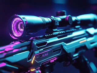 Fototapeta premium Cyberpunk Sniper Rifle: A futuristic, sleek sniper rifle, illuminated with vibrant neon colors, hinting at high-tech precision and tactical power.