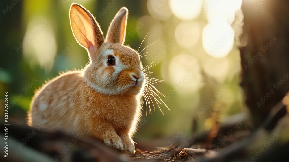 Poster Close up of a golden-brown rabbit in a natural setting with sunlit bokeh background and blurred tree trunks. The rabbit sits alert with ears perked, reflecting warm sunlight, capturing a tranquil