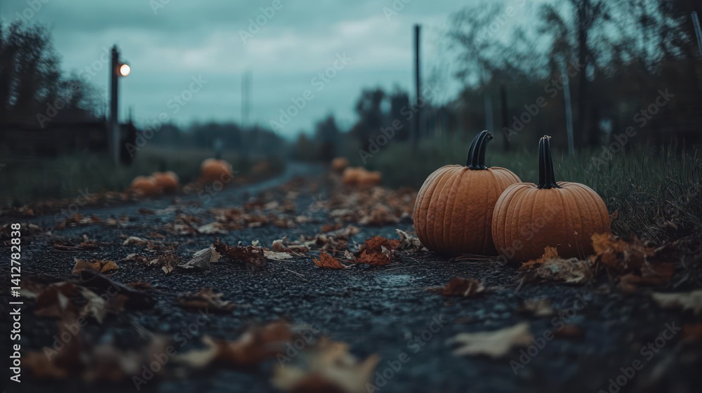 Poster autumn scene features pumpkins by a rural path covered in fallen leaves. the moody color palette enh