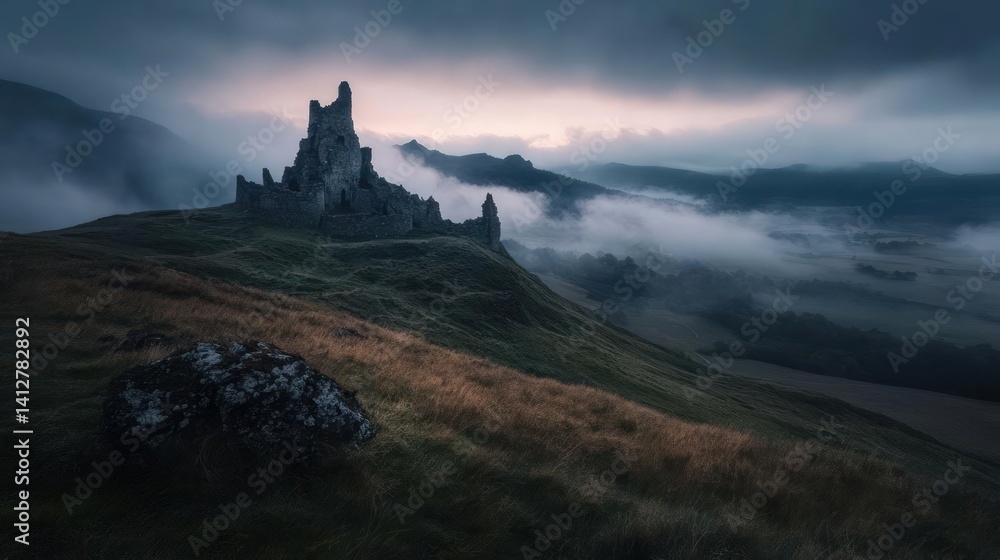Poster scenic view of an old crumbling stone castle perched atop a lush green hill, bathed in the soft ligh