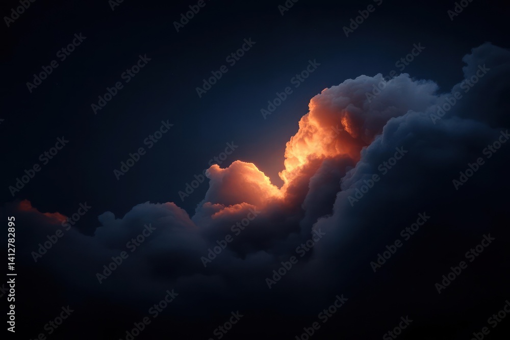 Poster dramatic cloudscape featuring dark, moody clouds with a bright, fiery orange glow highlighting the u