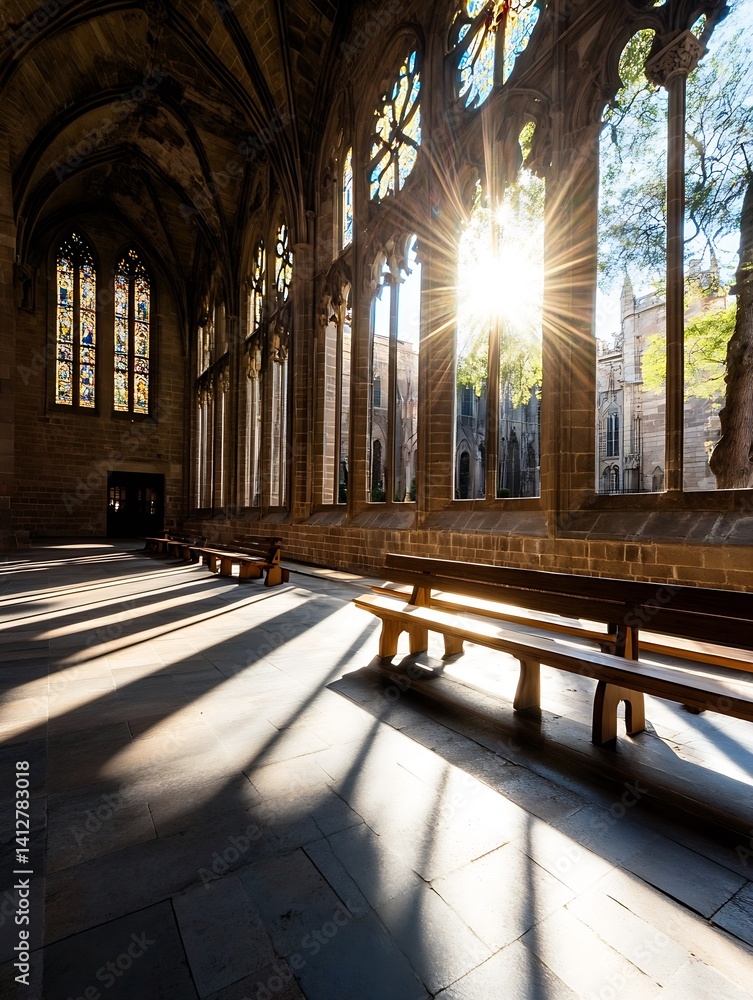 Poster beautiful gothic architecture with sunlight beaming through stained glass windows : generative ai