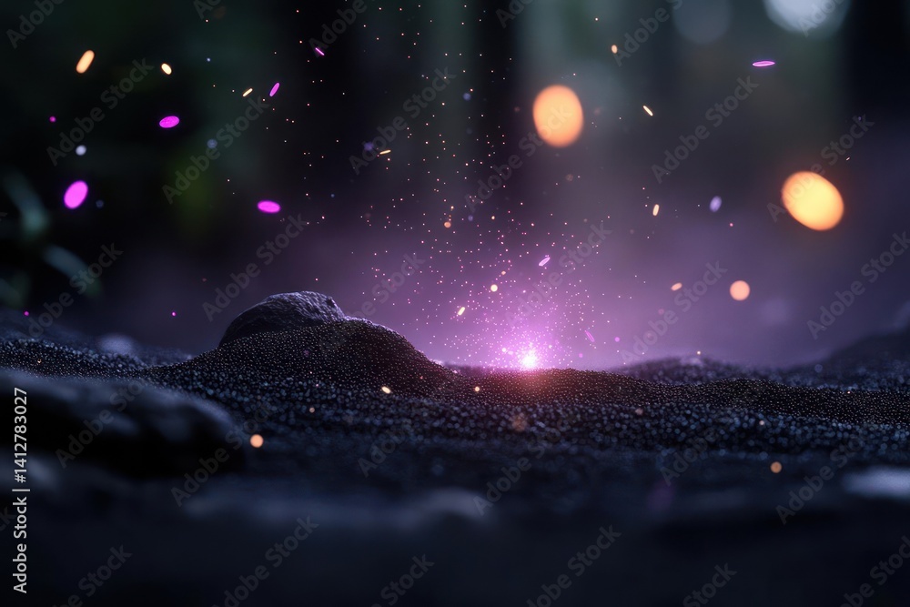 Aufkleber Abstract image of black textured surface with shimmering pink and gold particles floating above. Soft focus background of trees and bokeh provides depth to the mystical scene, lit with a central