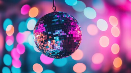 Shining Disco Ball Reflecting Vibrant Colorful Lights and Party Atmosphere