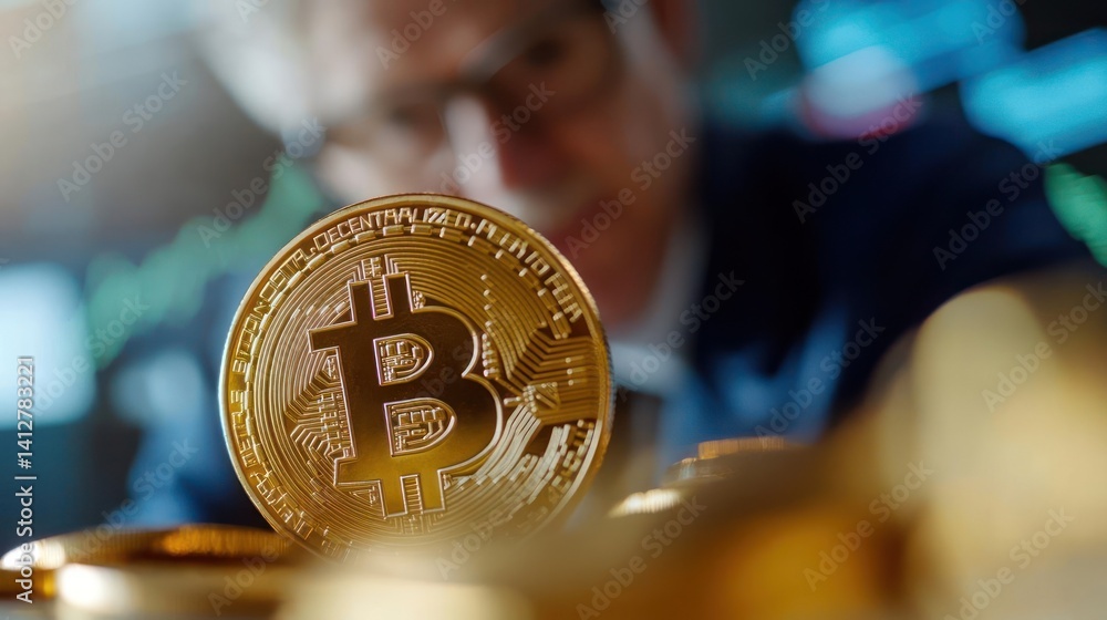 Poster close up of a golden generic cryptocurrency coin with a blurred person in a blue suit looking at it 