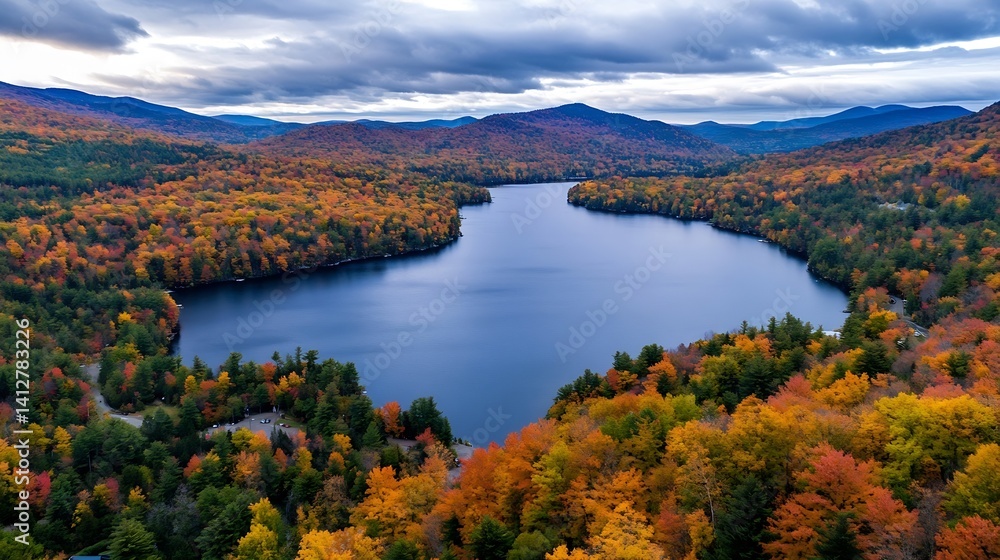 Poster vibrant autumn landscape with a serene lake surrounded by colorful trees : generative ai