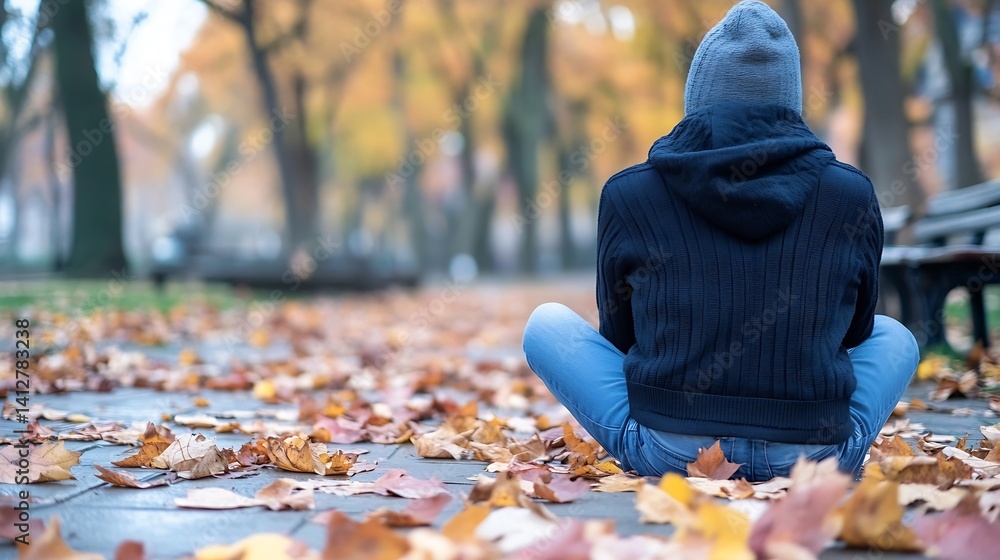 Poster Person Sitting on Ground Surrounded by Fall Leaves in a Park with Trees in the Background : Generative AI