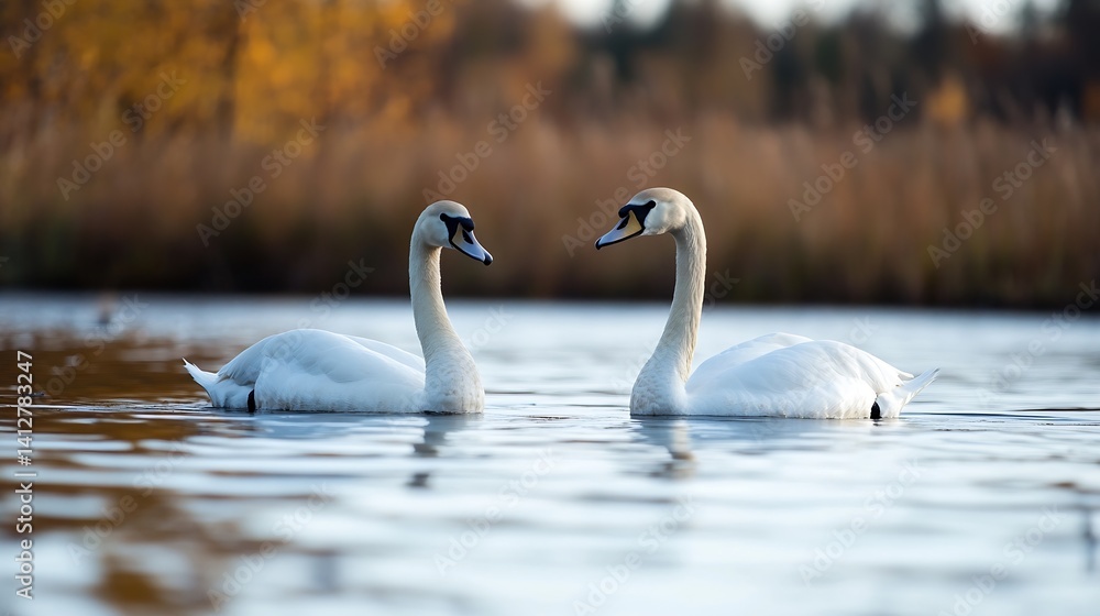Poster two beautiful swans swimming together in a calm lake surrounded by reeds and autumn colors : generat