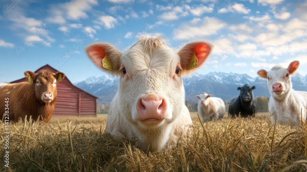 Aufkleber eye-level view of a pasture with multiple cows of varying colors resting in tall golden grass, with 