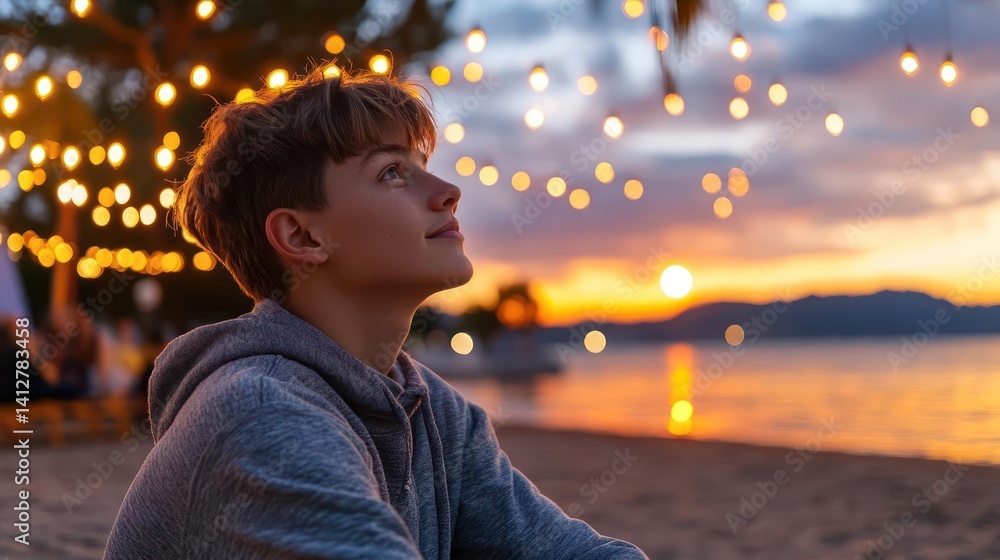 Poster a young person sits on a sandy beach at sunset under festive string lights, gazing upwards. the ocea