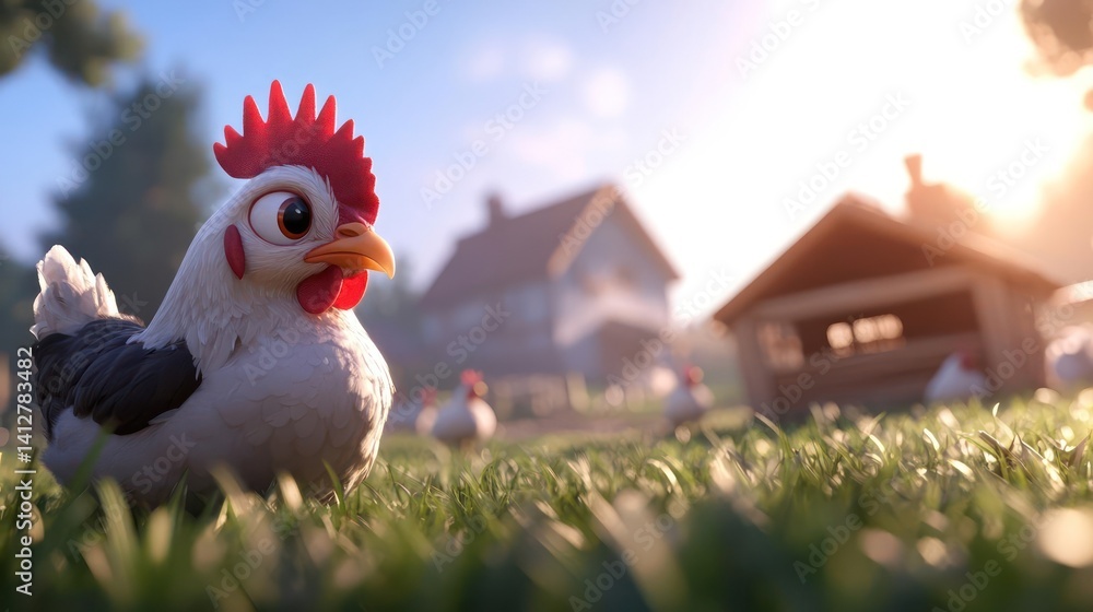 Aufkleber a cartoon chicken with a red comb and orange beak stands on green grass in a sunny farmyard. a quain
