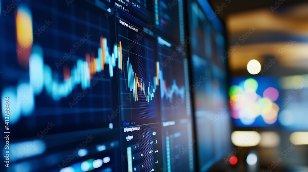 Poster digital financial charts displayed on a screen showing stock market trends and analytics data for in