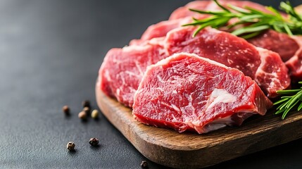 Raw beef steak slices on a wooden board garnished with fresh rosemary and spices for cooking and culinary purposes : Generative AI